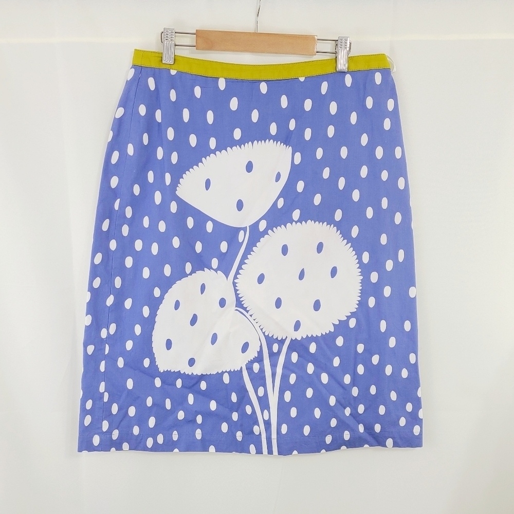 Boden periwinkle blue floral skirt a-line olive green trim Womwn's size 8 Long